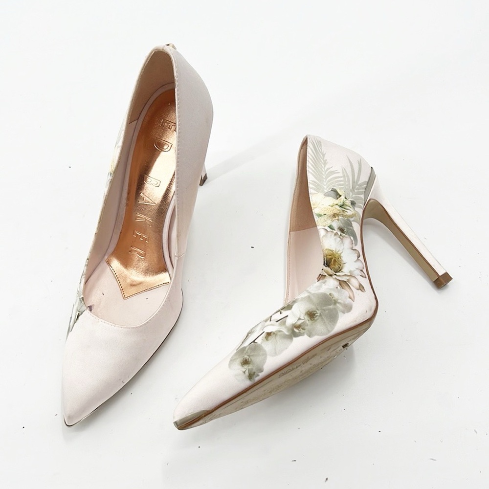 TED BAKER Melnip Floral Print Pumps In Elegant Pink Satin Size 9.5